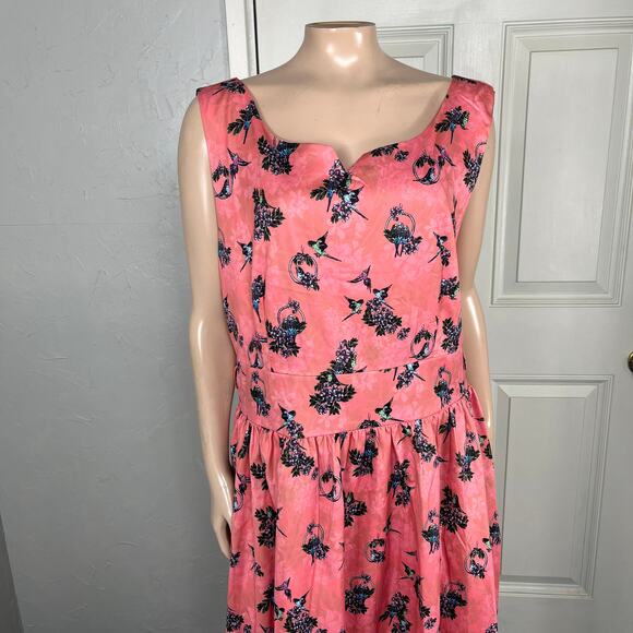 Lindy Bop Womens Dress 14 Fit Flare Pockets Retro Pinup Bird Dove Floral V3-21 - Picture 2 of 8